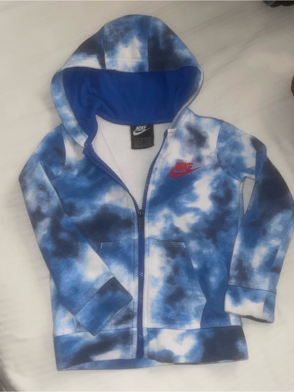 Nike Kids Blue White Tie-Dye Zip Hoodie with Red Logo Kids 3-4Yrs
